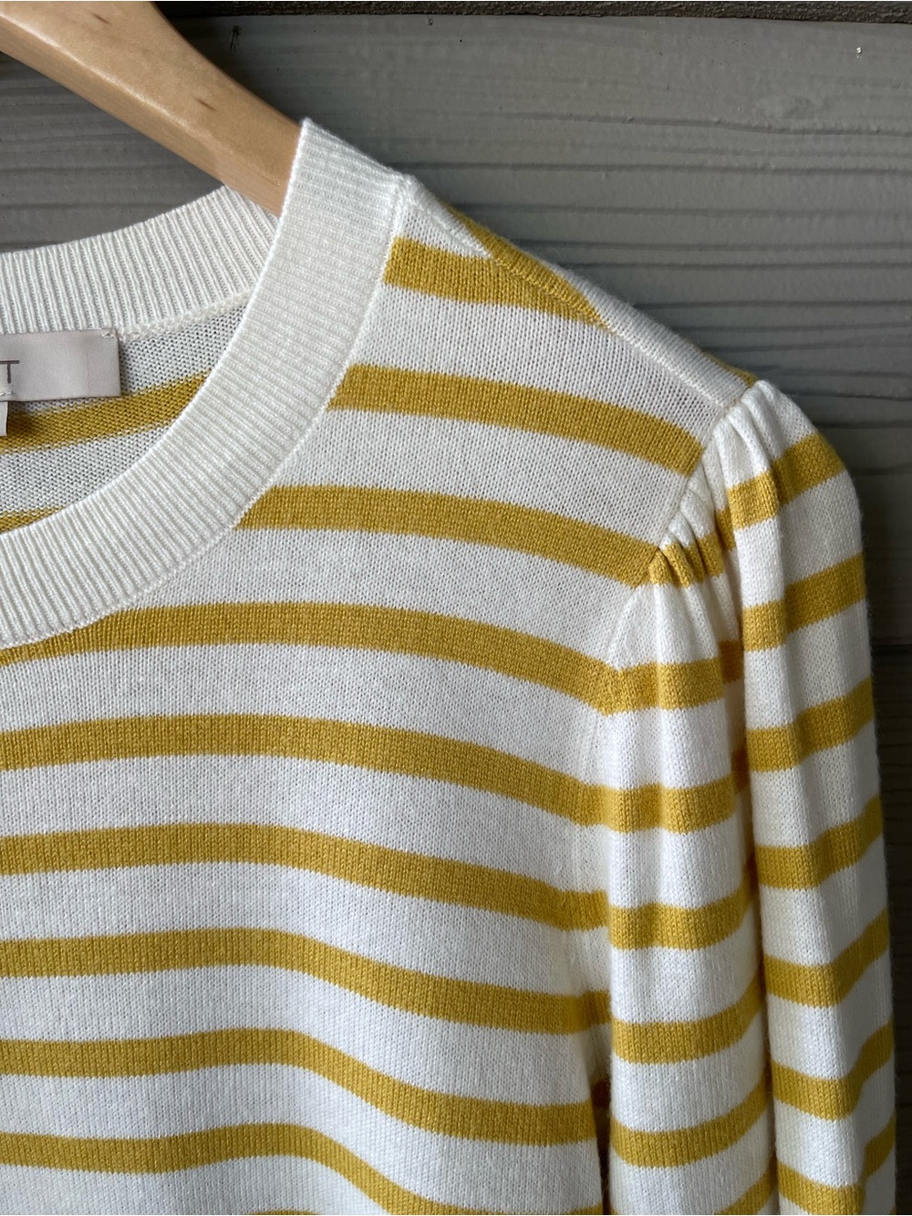 LOFT Women's Yellow White Striped Puff Sleeve Knit Sweater Size L - Picture 6 of 6